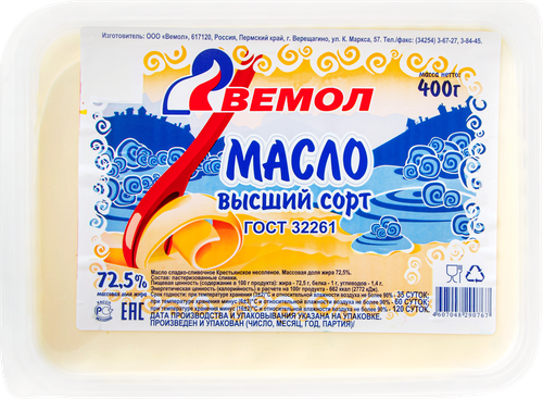

Масло сладко-сливочное Вемол крестьянское 72.5%, 400 г