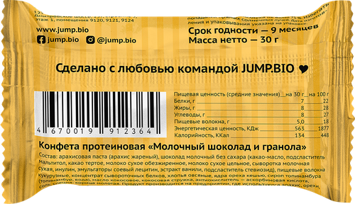 

Конфета протеиновая 22% Jump.Bio Молочный шоколад и гранола без сахара 30 г