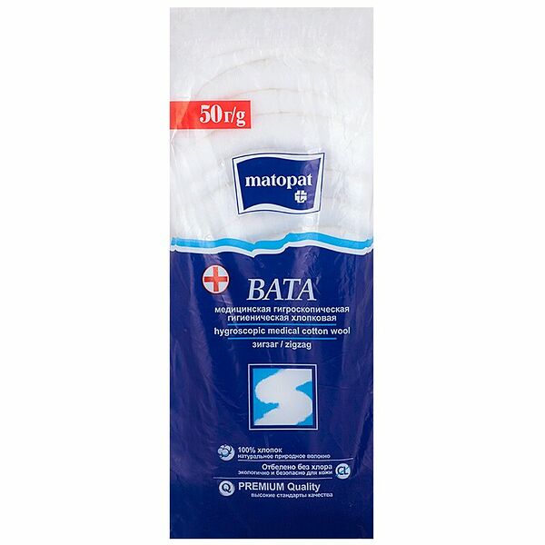 Вата Matopat медицинская гигроскопическая хлопковая зиг-заг нестерильная 50 г