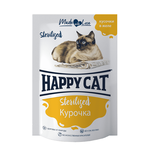 Корм для кошек HAPPY CAT Sterilised курочка кусочки в желе пауч 85г (упаковка - 24 шт)