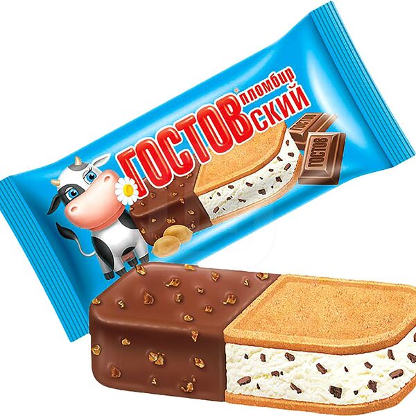 Мороженое ГОСТОВСКИЙ Пломбир ванильный с крошкой из шоколадной глазури и печеньем с арахисом, без змж, сэндвич