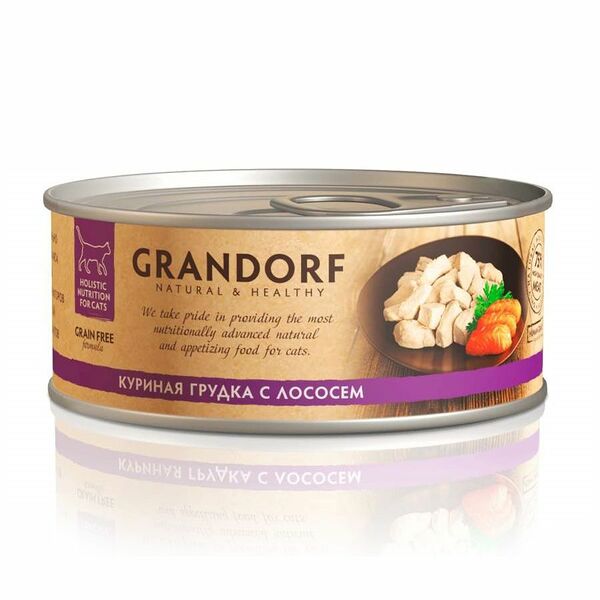 Влажный корм Grandorf консервированный, для кошек, куриная грудка с лососем, 70 г