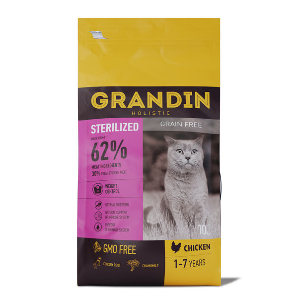 Sterilized Grain free Корм Grandin сухой для кастрированных котов и стерилизованных кошек в возрасте от 1 года до 7 лет, с курицей, 10 кг