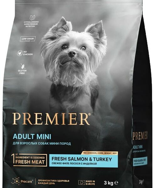 Сухой корм для собак Premier Dog Salmon&Turkey Adult Mini Свежее филе лосося с индейкой 3кг