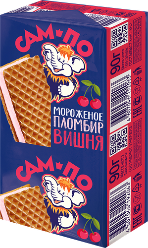 Мороженое САМ-ПО Пломбир со вкусом вишни в шоколадных вафлях, без змж, сэндвич, 90г