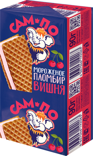 

Мороженое САМ-ПО Пломбир со вкусом вишни в шоколадных вафлях, без змж, сэндвич, 90 г