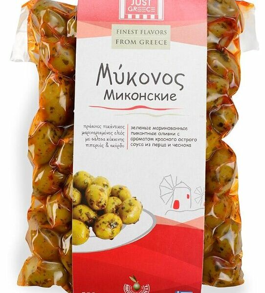 Оливки зелёные Olymp Миконские с ароматом красного острого соуса из перца и чеснока