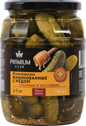 

Корнишоны маринованные PREMIUM CLUB с медом 6–9см, 720мл