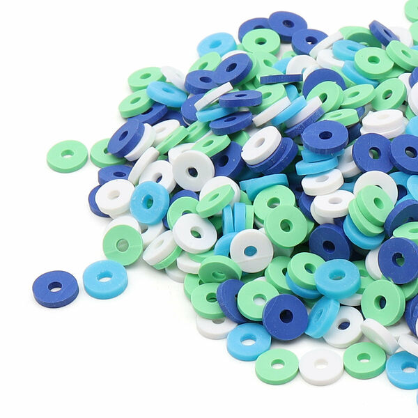 Бусины плоские из полимерной глины 6мм 20г, Astra&Craft(B3 синий, зеленый, белый микс)