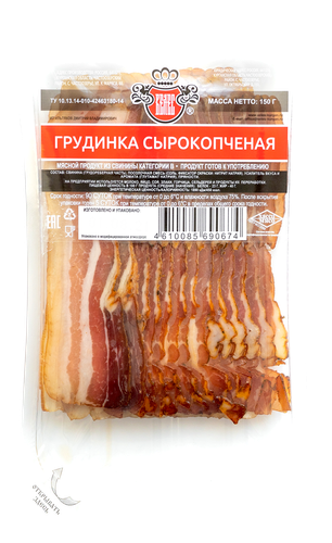 

Грудинка Велес сырокопченая из свинины категория В нарезка 150 г