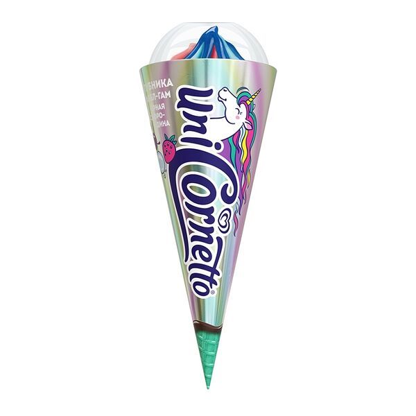 Мороженое Cornetto Единорог Молочное клубника-бабл-гам-черная смородина, рожок 73 г