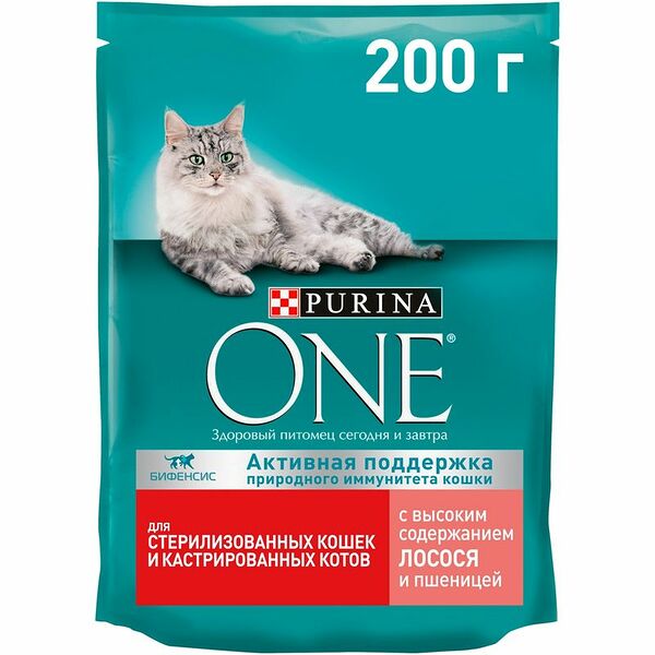 Сухой корм Purina ONE для кошек с лососем и пшеницей, 200г