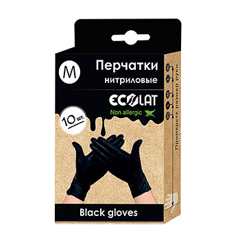 Перчатки Ecolat нитриловые, черные, 10шт, размер M 