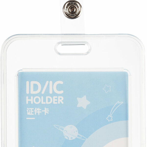 Бейдж Deli вертик.54x86 мм,жест.,держат,замок на кноп+рулетка и тесьма,син