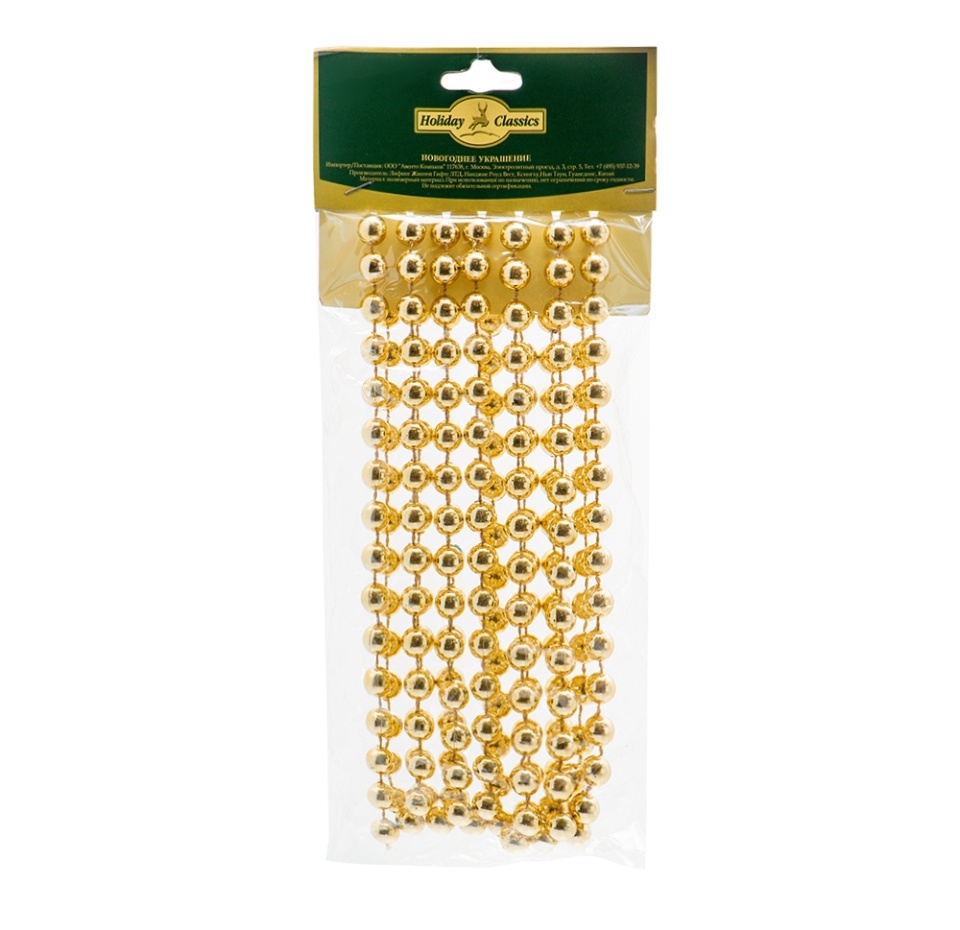 

Бусы для елки Коллекция Традиции Holiday Classics "Жемчужная нить" золотые 2,7 м