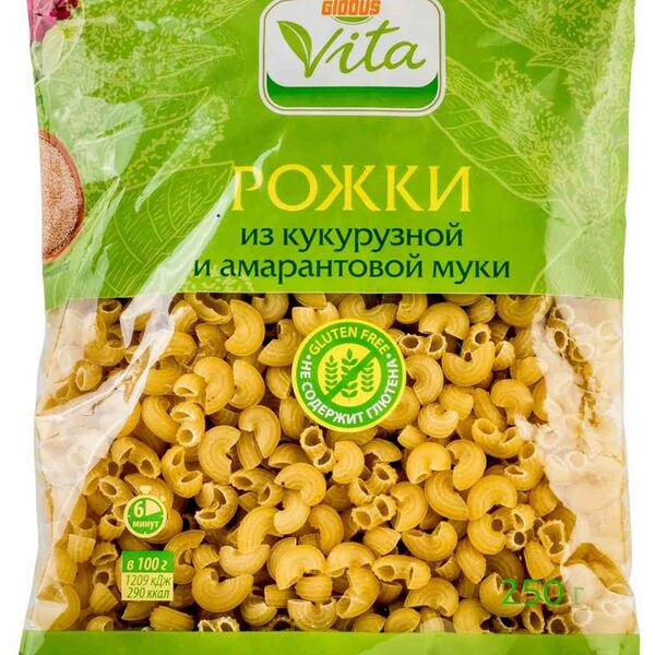 Макаронные изделия из кукурузной и амарантовой муки Рожки Глобус Вита