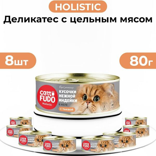 Влажный корм для кошек Cattofudo Holistic Кусочки индейки с тыквой в желе 8*80г