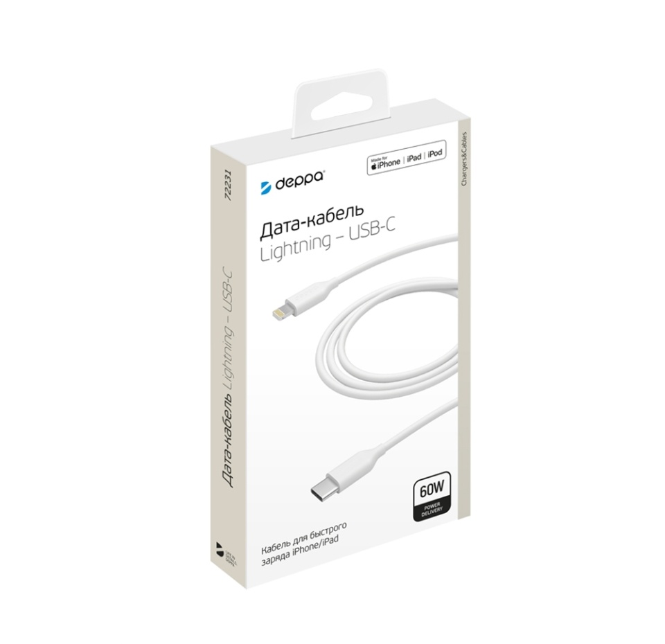 

Дата-кабель Deppa USB-C - Lightning MFI белый, 60 W, 1.2 м