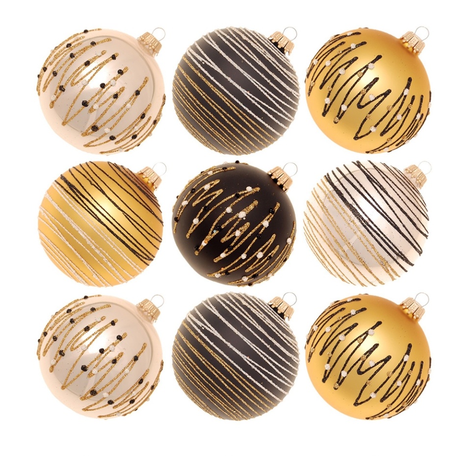 

Игрушки для елки Krebs "Коллекция Традиции" Шары с узорами цвет бежевый/черный/золотой 8 см, упаковка 9 шт, стекло, Германия