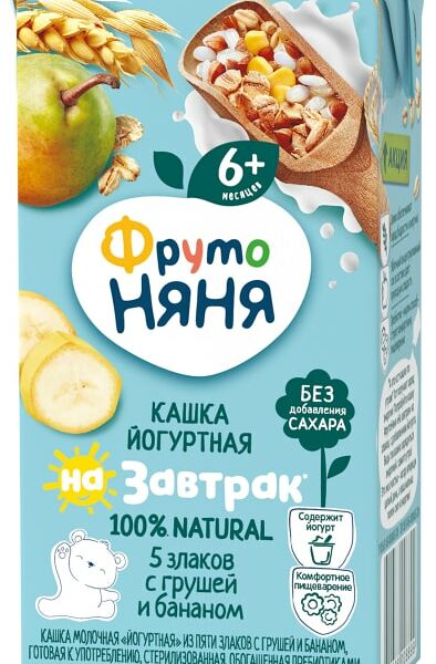 Каша ФрутоНяня молочноя Йогуртная 5 злаков с Грушей и Бананом с 6 месяцев 200мл