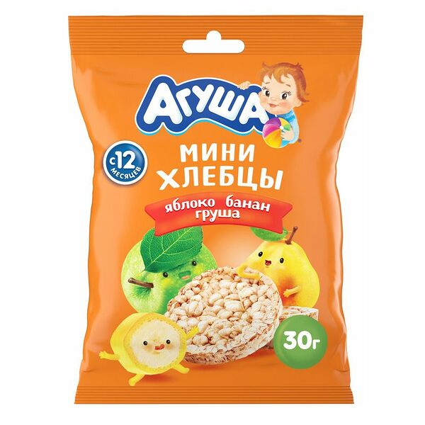 Хлебцы Агуша Яблоко-Банан-Груша мультизлаковые мини, 30г