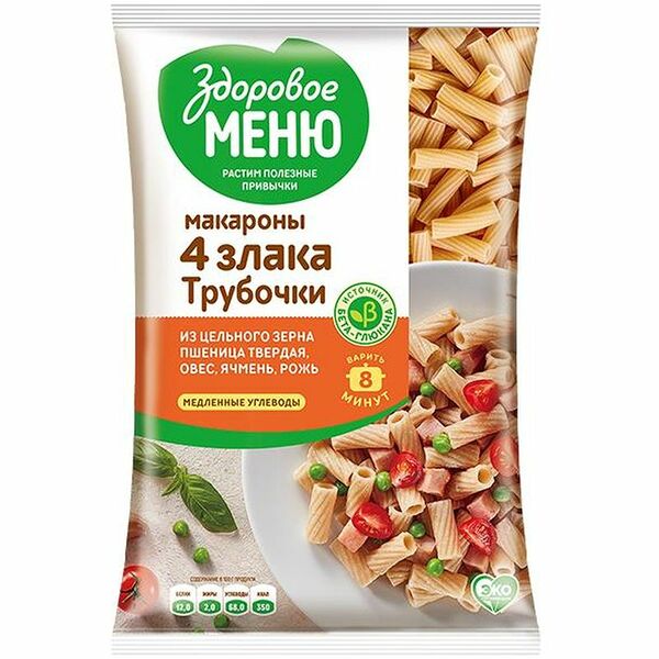 Макароны Здоровое меню трубочки мультизлаковые группа А высший сорт, 400г