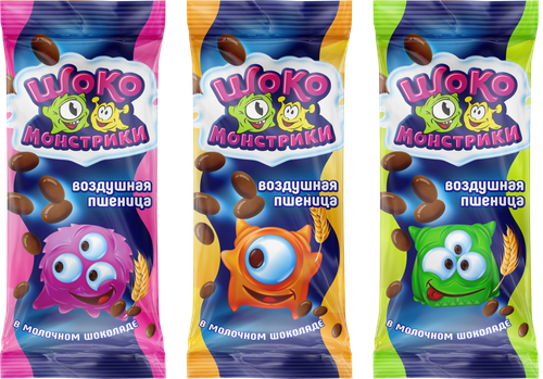 

Драже МОК-производство Шокомонстрики, воздушная пшеница в молочном шоколаде, 1 шт дизайн в ассортименте, 30 г