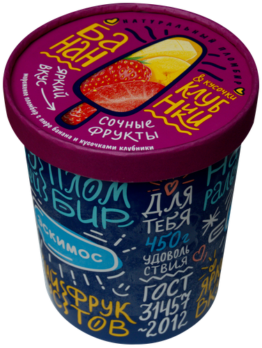 

Мороженое Эскимос пломбир с бананом и кусочками клубники 12% 450 г