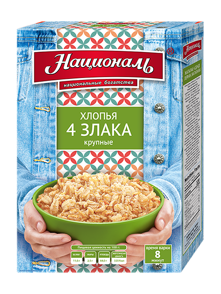 Хлопья 4 злака (крупные)  тм Националь 400г РФ