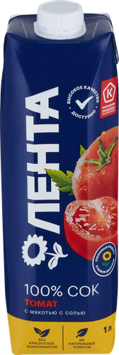 

Сок Лента Томатный с мякотью и солью восстановленный 1 л