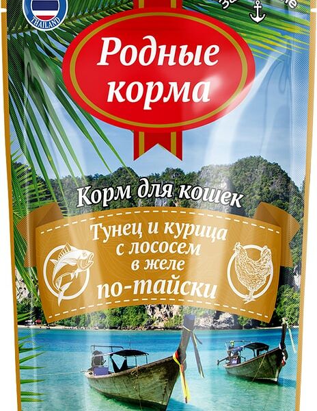 Влажный корм для кошек Родные корма Заморские Тунец и курица с лососем в желе по-тайски 70г