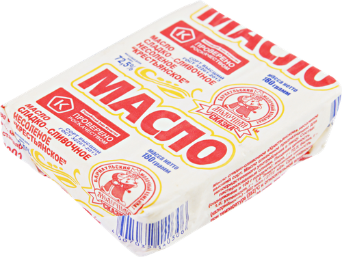 

Масло сливочное МОЛОЧНАЯ СКАЗКА Крестьянское 72,5% высший сорт ГОСТ, без змж, 180г