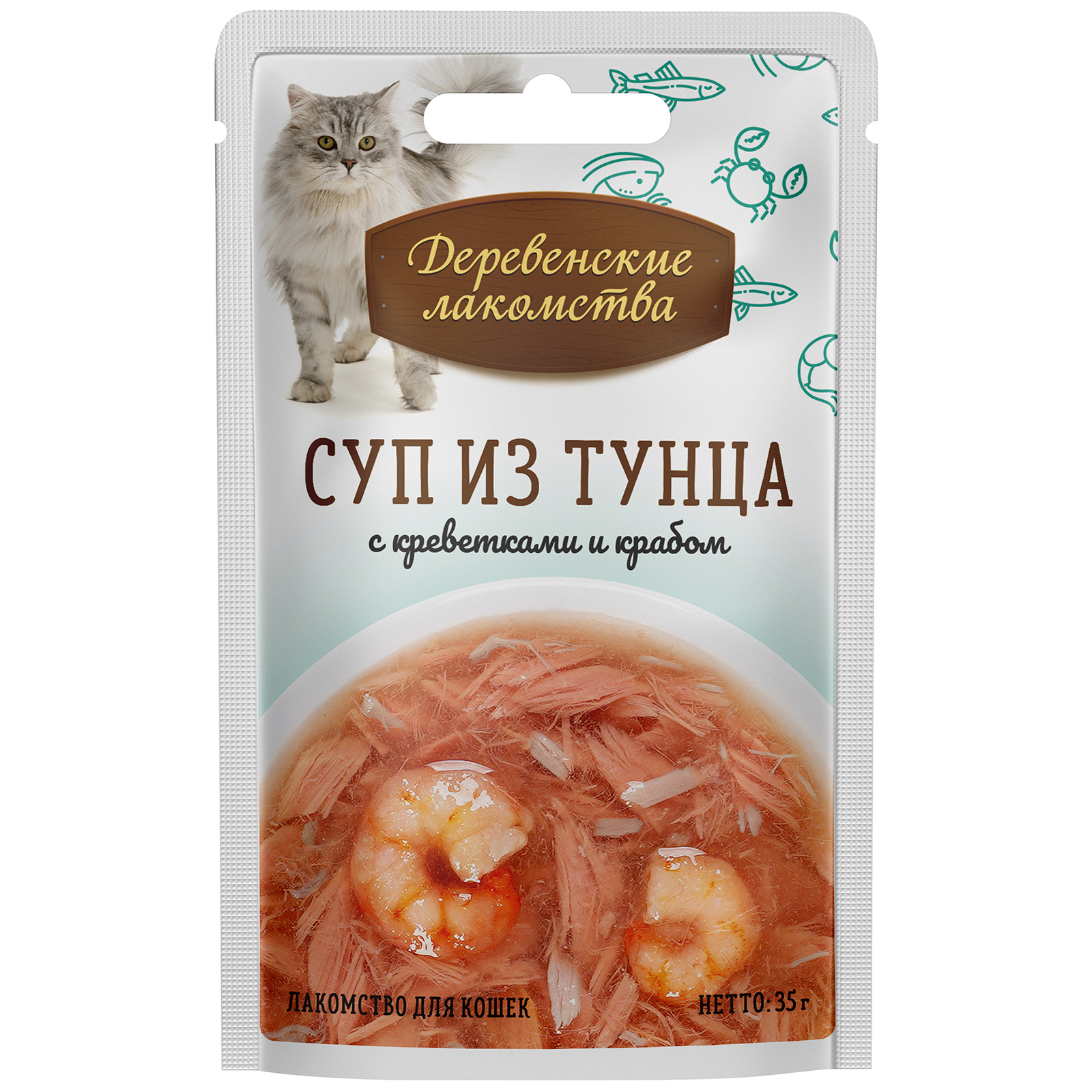 

Лакомство для кошек Деревенские лакомства Суп из тунца с креветками и крабом, 35 г
