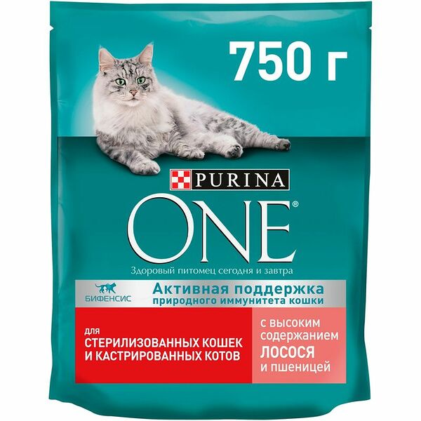 Сухой корм Purina ONE для кошек с лососем и пшеницей, 750г