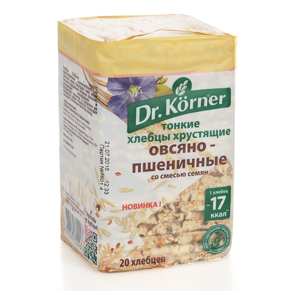

Хлебцы Dr. Korner овсяно-пшеничные со смесью семян льна и кунжута хрустящие, 100г