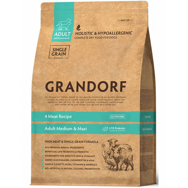 Grandorf Сухой корм для собак Grandorf 4 Meat Recipe Adult Medium and Maxi 4 вида мяса для взрослых средних и крупных пород (с живыми пробиотиками) 1 кг new
