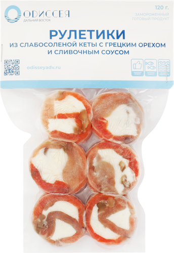 

Рулетики Одиссея из слабосоленой кеты с грецким орехом и сливочным соусом 120 г