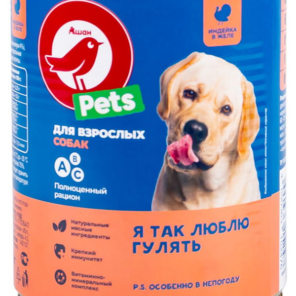 Консервы для собак АШАН Красная Птица pets в кусочках желе индейка