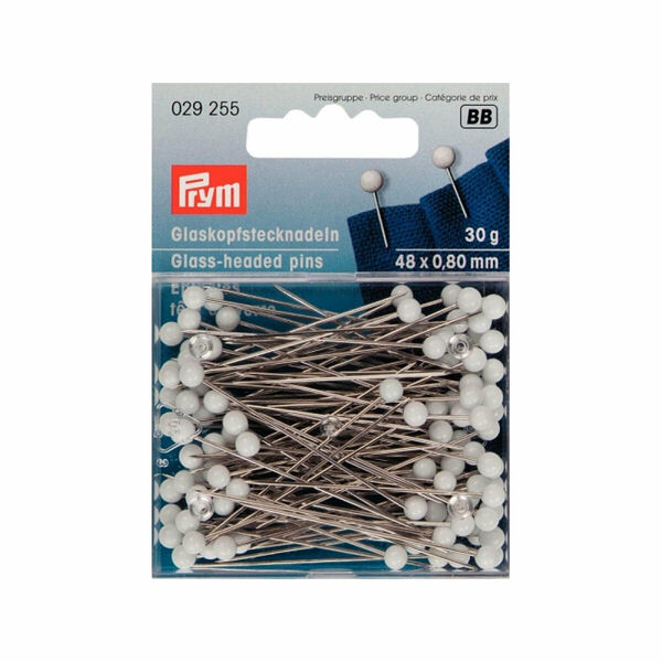 029255 Булавки со стекл. головками,закаленная сталь,2/0 серебристый цв., белый 0,80*48мм Prym,шт