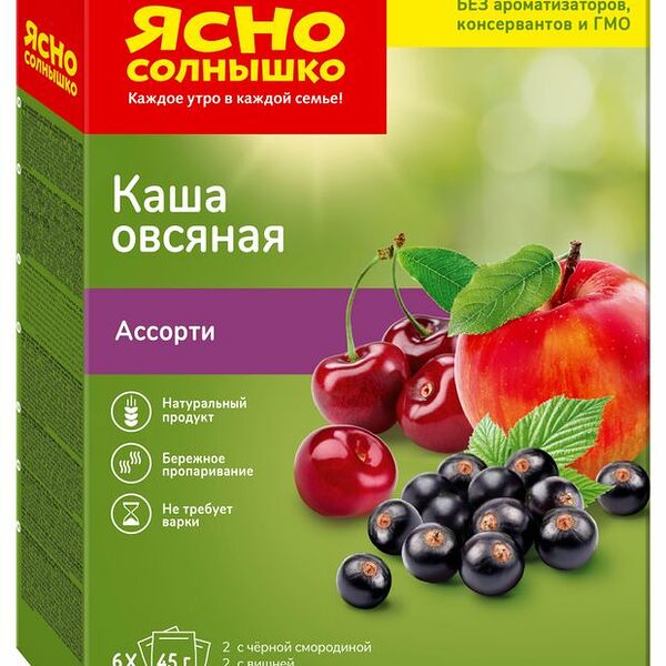 Каша Ясно солнышко Овсяная ассорти №15 черная смородина вишня и яблоко 6х45 г