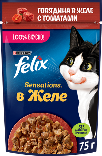 

Влажный корм Felix Sensations для взрослых кошек с говядиной в желе с томатами 75 г