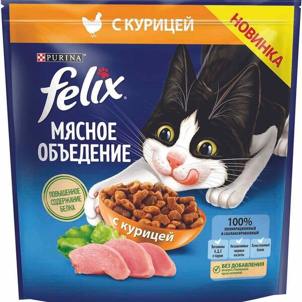 Корм Felix Мясное Объедение сухой для взрослых кошек с курицей 1.3кг