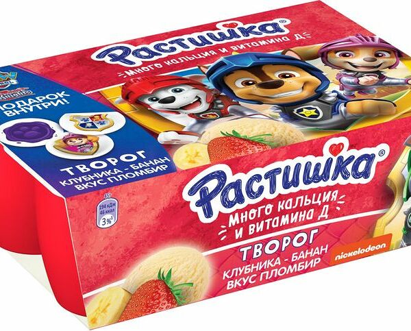 Творог Растишка Клубника-банан и Пломбир 3.5% в ассортименте 6х45г