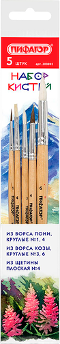Набор кистей ПИФАГОР пони: №1, 4, 3, 6 5шт
