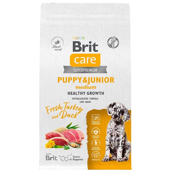 Сухой корм Brit Care Dog Puppy&Junior Healthy Growth индейка, утка для щенков средних пород