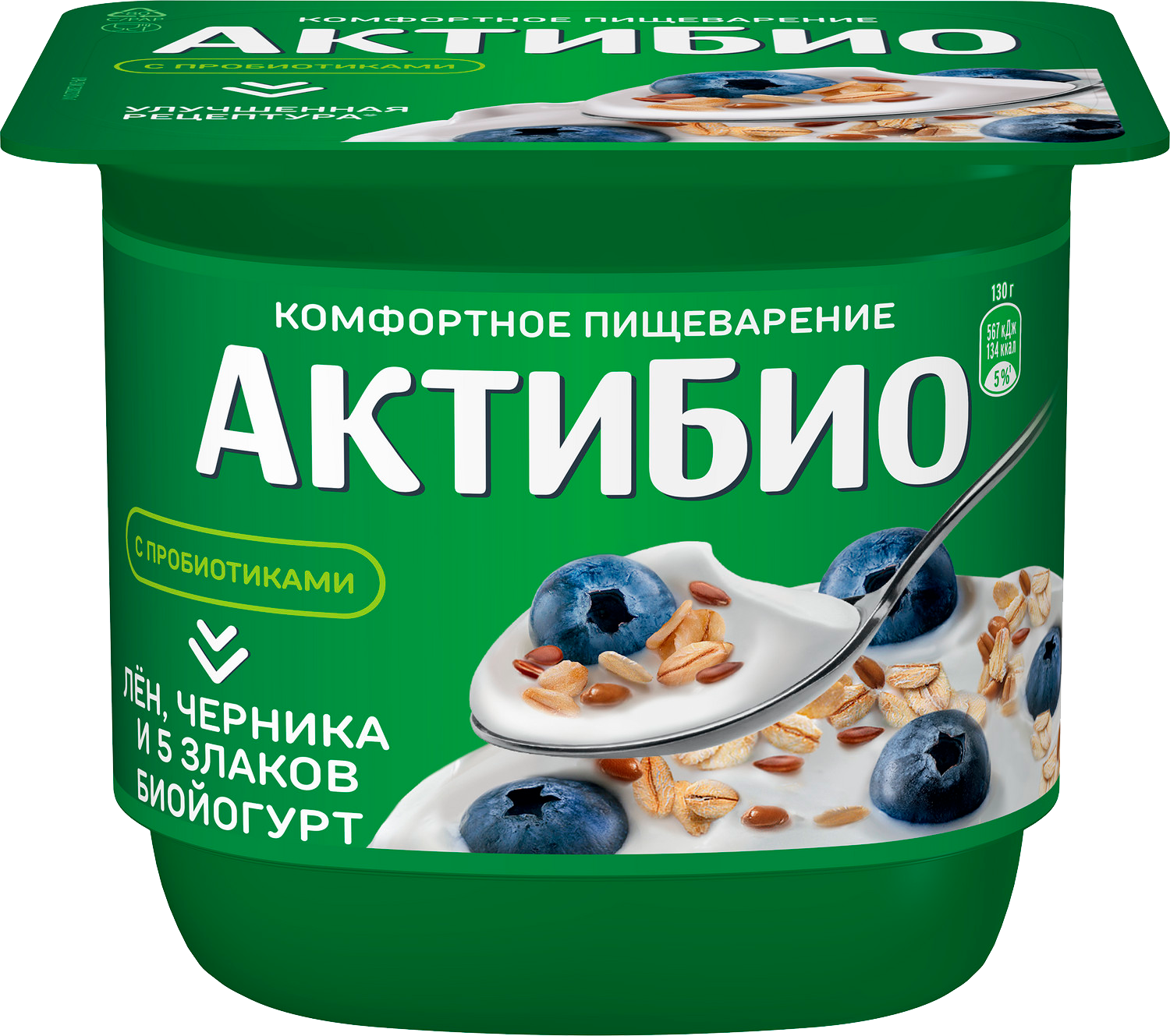 

Биойогурт Актибио с черникой. 5 злаками и семенами льна 3%