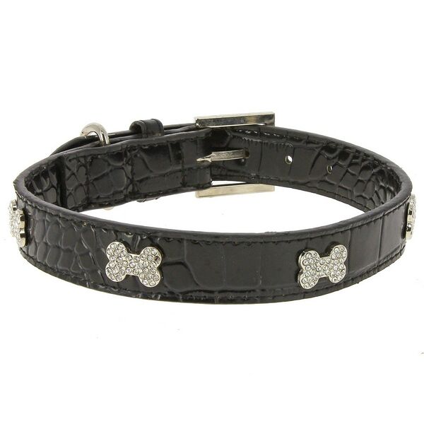 Ошейник для собак КАСКАД  Колибри  змеиная кожа с укр. Косточка  со страз.и кулоном 25ммх50см черный
