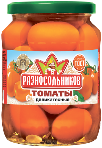 

Томаты маринованные ТМ РАЗНОСОЛЬНИКОВ Деликатесные, 1-й сорт ГОСТ, 680г