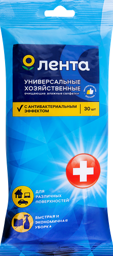 Салфетки влажные чистящие Лента хозяйственные универсальные с антибактериальным эффектом, 30шт