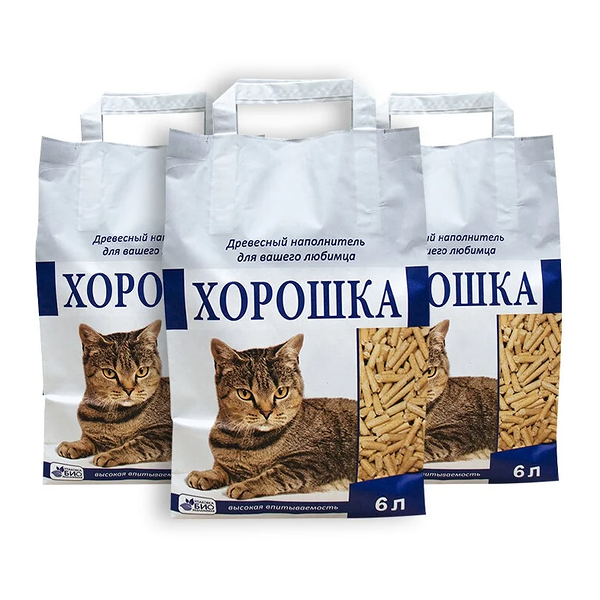 Наполнитель для кошачьего туалета хорошка древесный, 3 упаковки по 6 л